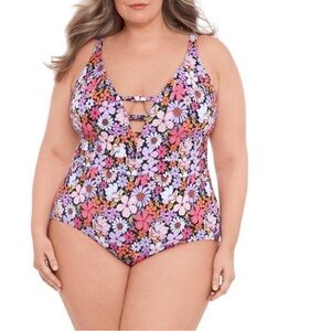 Time and Tru Plus Floral V-Strappy Front One Piece Swimsuit Size 3X Pink